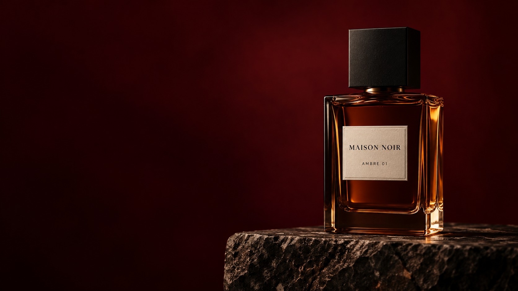 Maison Noir Ambre 01 perfume in amber glass on a stone plinth